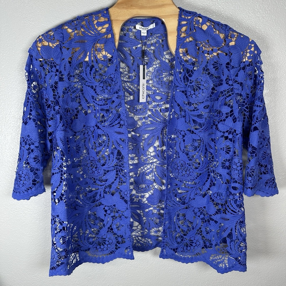 NEW Chicos Scallop Edge Lace Jacket Open Cardigan Purple Nightshade Womens 3/XL‎